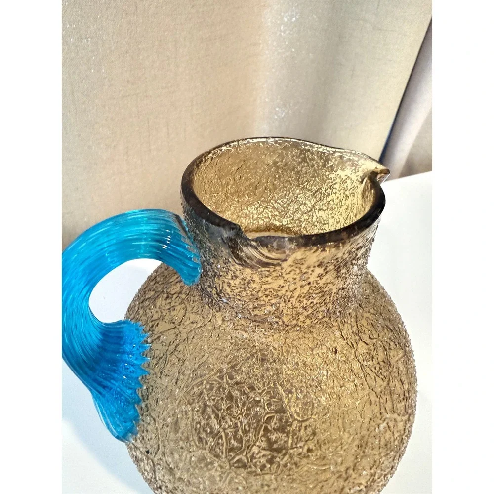 Antique 1860s‎ Overshot Glass Pitcher Amber Turquoise Blue Applied Handle 19th C